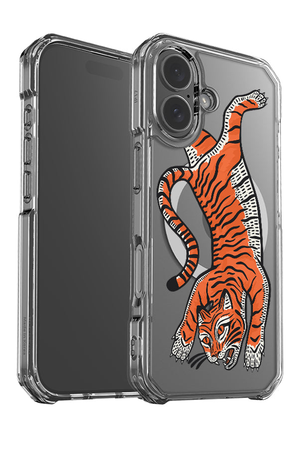 Tiger placement clear impact MagSafe phone case angle detail with a large orange illustration