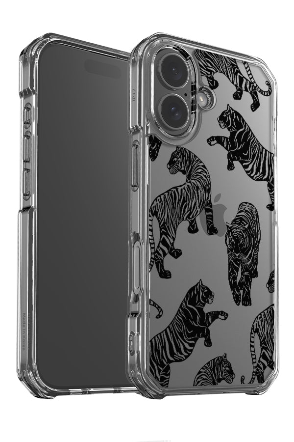 tigers pattern clear impact phone case angle detail with a wood cut style tiger pattern