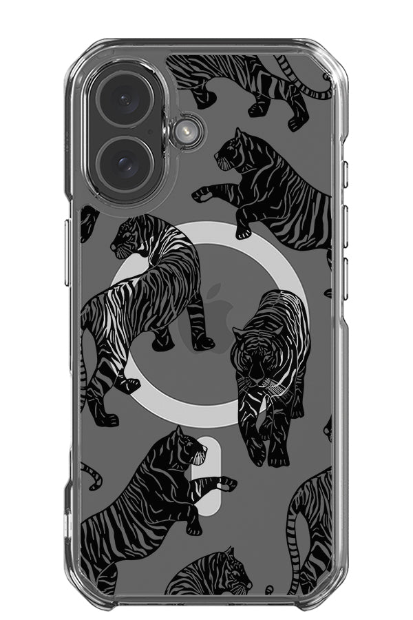 tigers pattern clear impact MagSafe phone case with a wood cut style tiger pattern