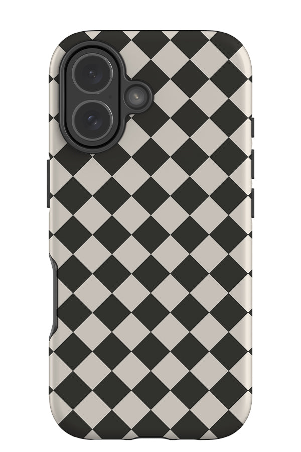 tilted check tough phone case with a diamond pattern in black and white 