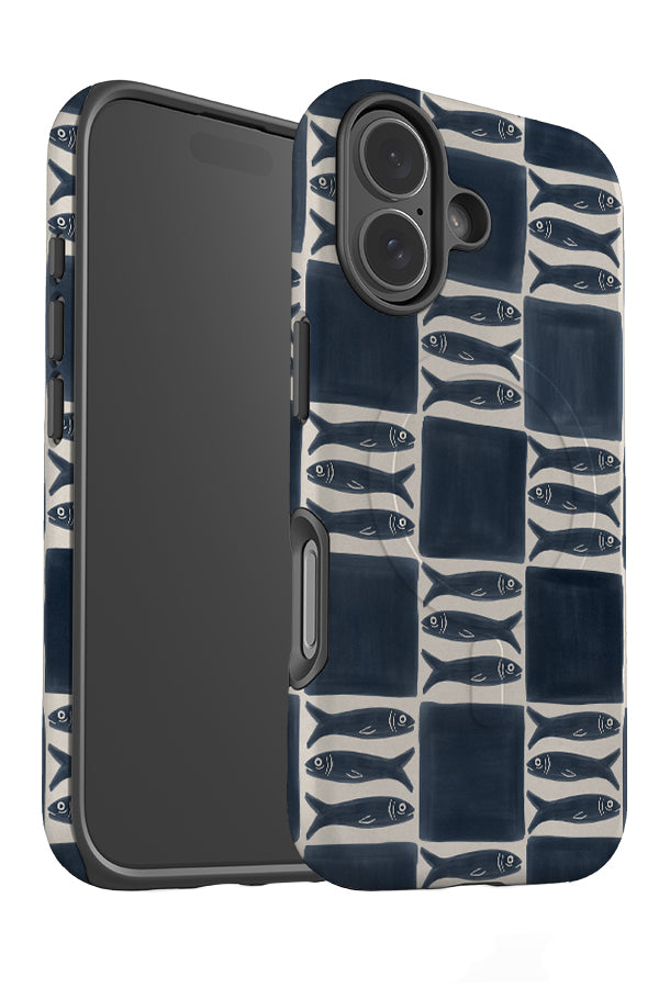 triple sardines check MagSafe phone case angle view with a blue and beige check pattern and three sardine illustrations