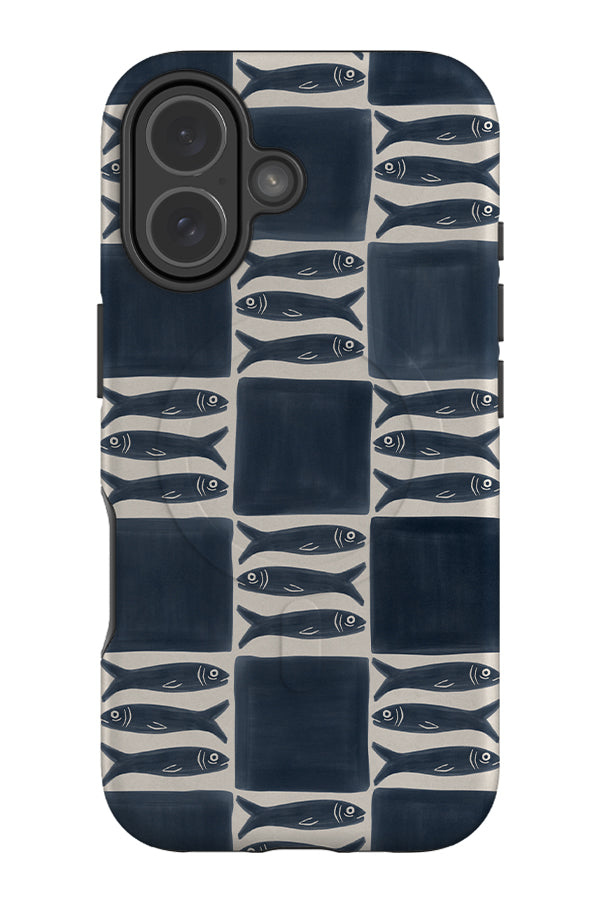triple sardines check MagSafe phone case with a blue and beige check pattern and three sardine illustrations