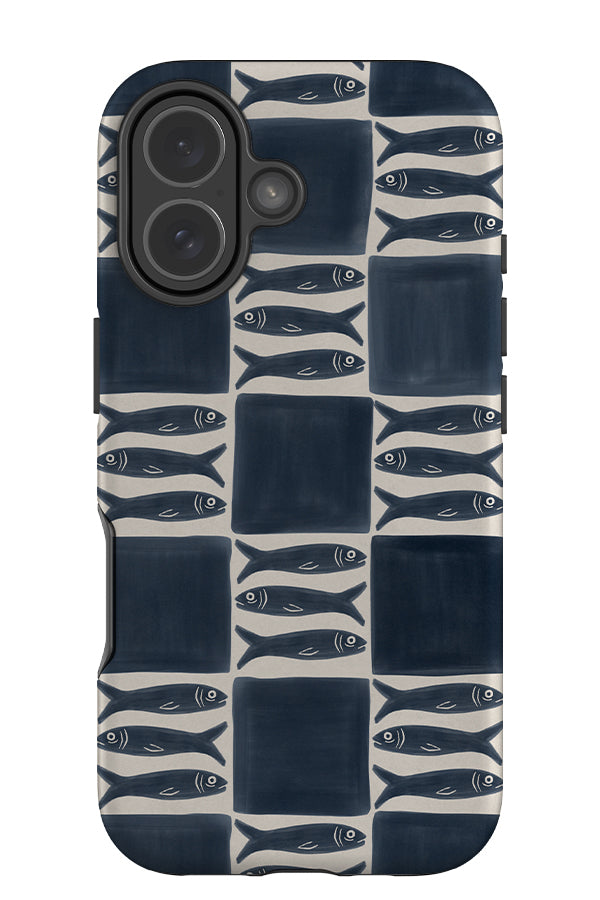 triple sardines check tough phone case with a blue and beige check pattern and three sardine illustrations