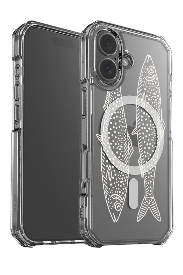 twin fish clear impact MagSafe phone case angle detail with two line art fish in beige