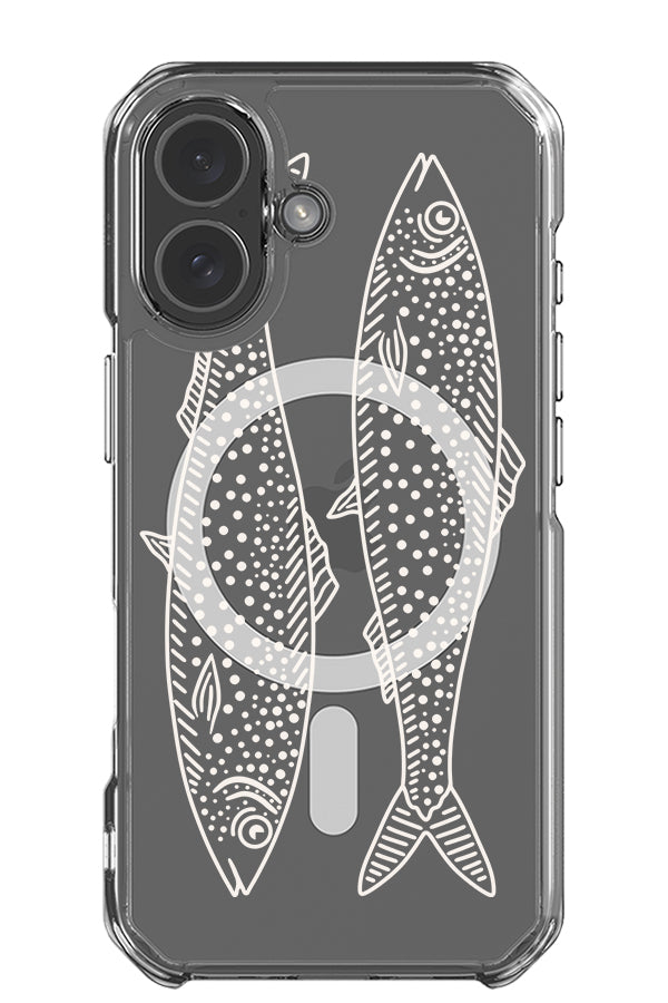 twin fish clear impact MagSafe phone case with two line art fish in beige