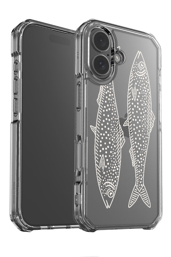 twin fish clear impact phone case angle detail with two line art fish in beige