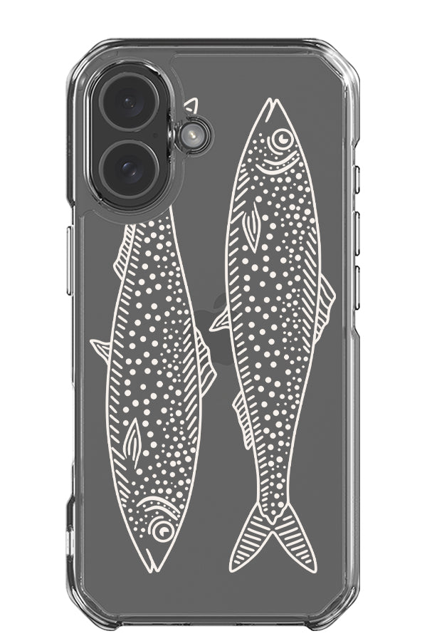 twin fish clear impact phone case with two line art fish in beige