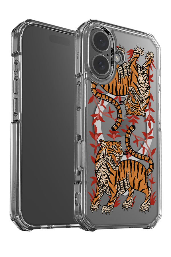 Twin tigers clear impact MagSafe phone case angle detail with two tiger illustrations with plants