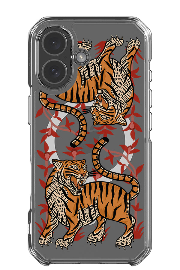 Twin tigers clear impact MagSafe phone case with two tiger illustrations with plants
