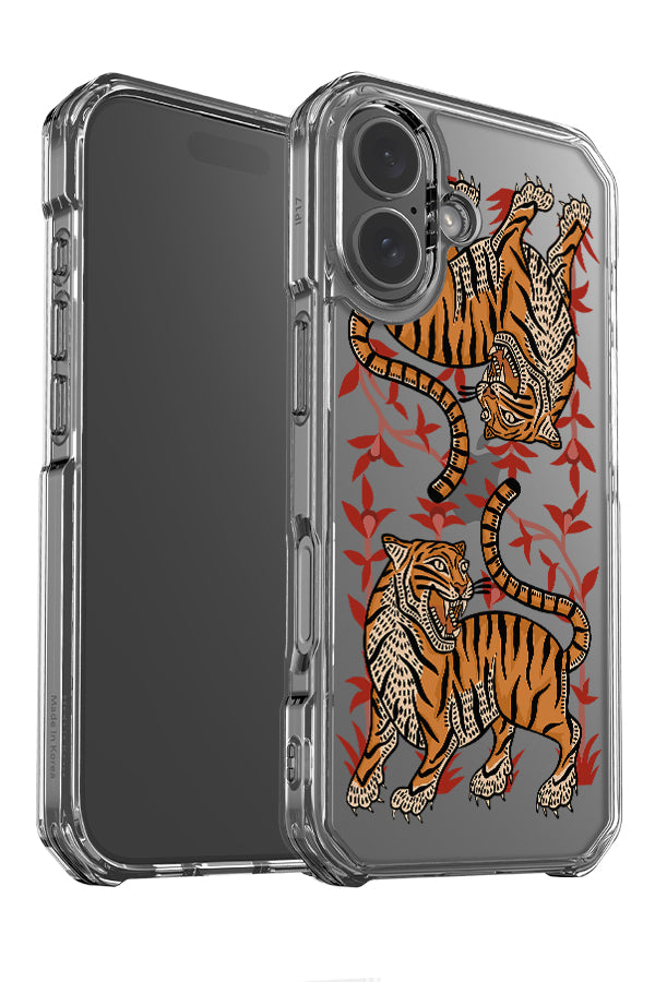 Twin tigers clear impact phone case angle detail with two tiger illustrations with plants