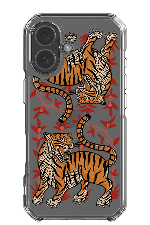 Twin tigers clear impact phone case with two tiger illustrations with plants