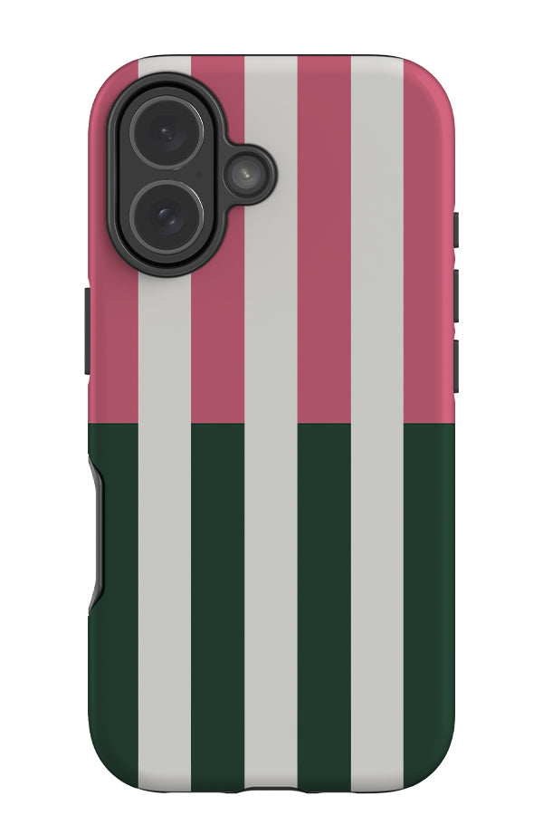two tone stripe tough phone case with linear stripes and a pink and green horizontal colour block
