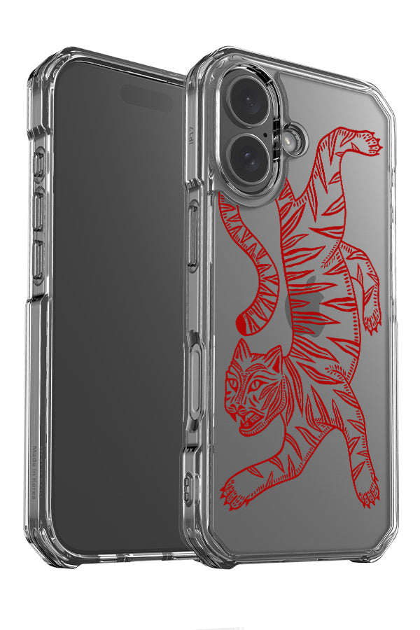 Two tone tiger clear impact phone case angle detail with a large line art tiger illustration in red