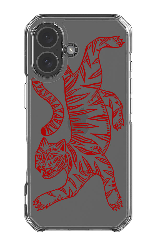 Two tone tiger clear impact phone case with a large line art tiger illustration in red