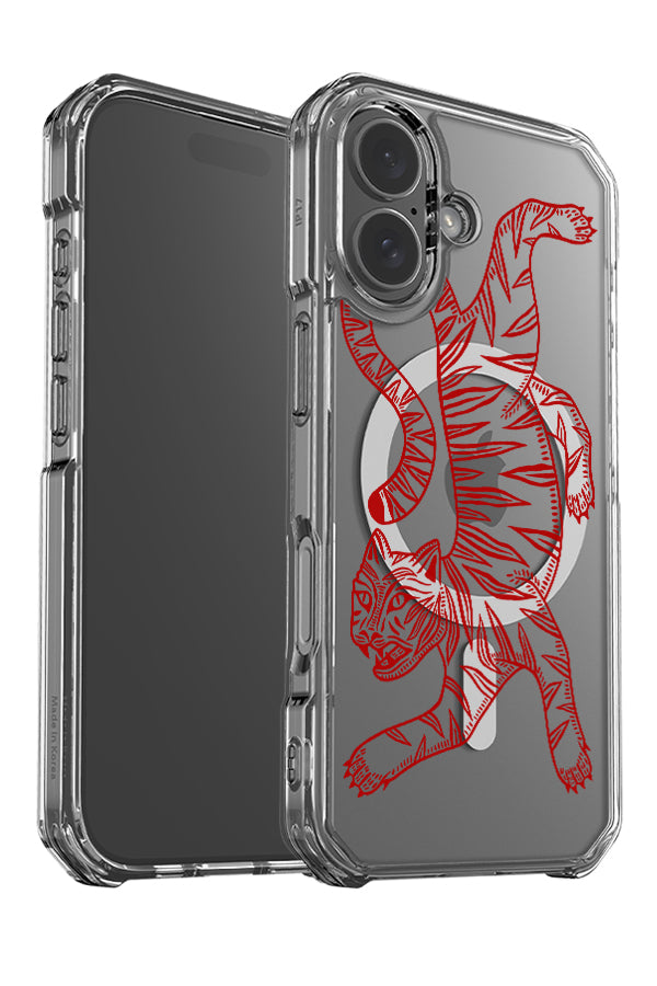Two tone tiger clear impact MagSafe phone case angle detail with a large line art tiger illustration in red