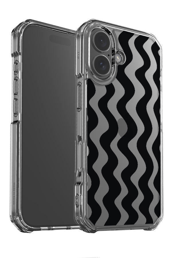 Vertical wave clear impact phone case angle detail with black linear wavy stripes