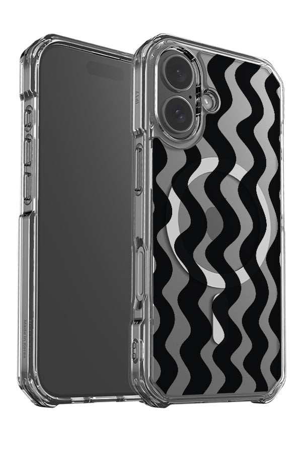 Vertical wave clear impact MagSafe phone case angle detail with black linear wavy stripes