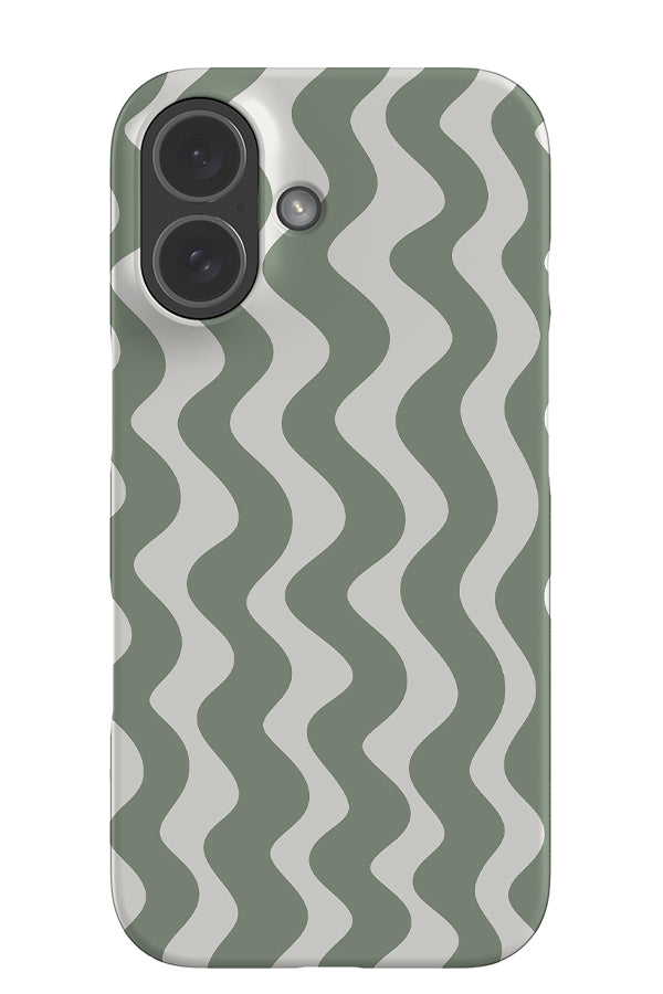 Vertical wave stripe snap phone case with wavy linear pattern in green and white