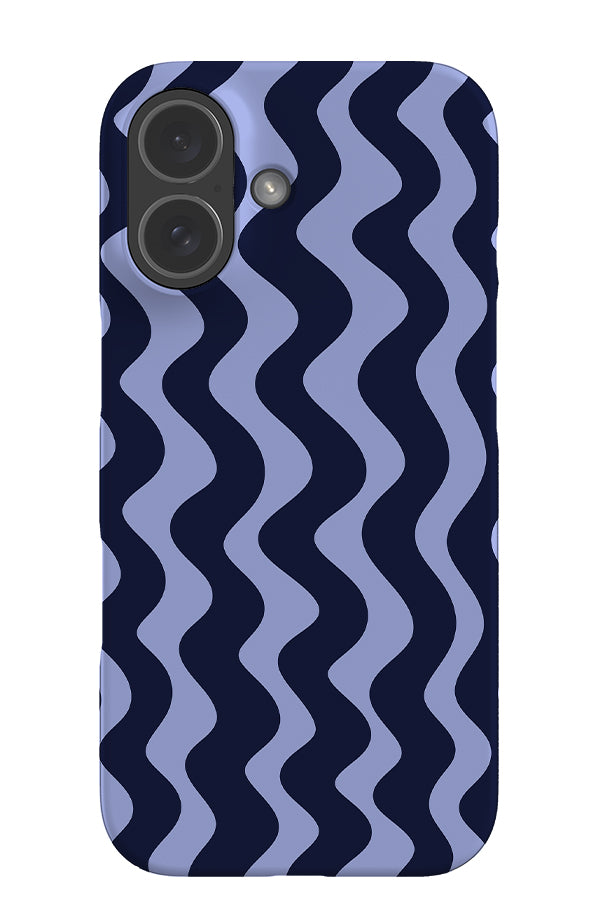 Vertical wave stripe snap phone case with wavy linear pattern in tonal blue