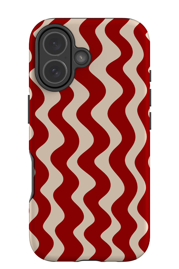 Vertical wave stripe tough phone case with wavy linear pattern in beige and red