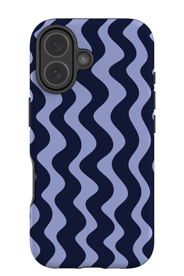 Vertical wave stripe tough phone case with wavy linear pattern in tonal blue