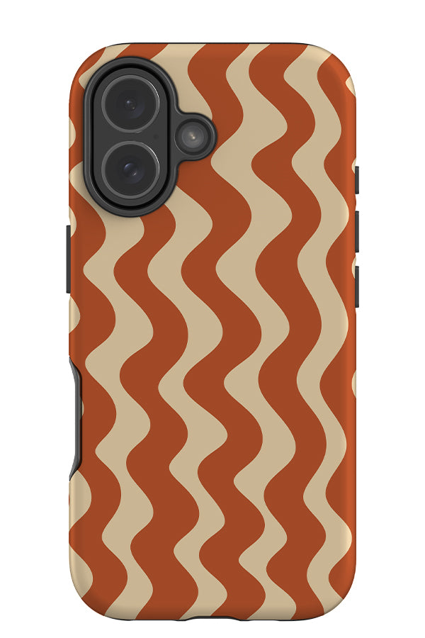 Vertical wave stripe tough phone case with wavy linear pattern in cream and orange