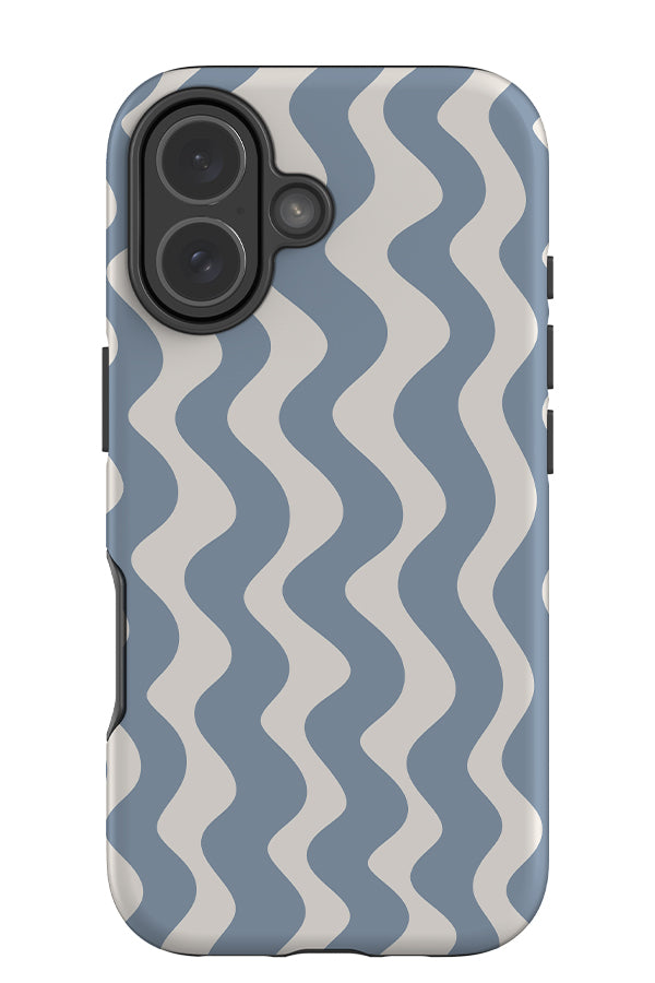 Vertical wave stripe tough phone case with wavy linear pattern in white and blue