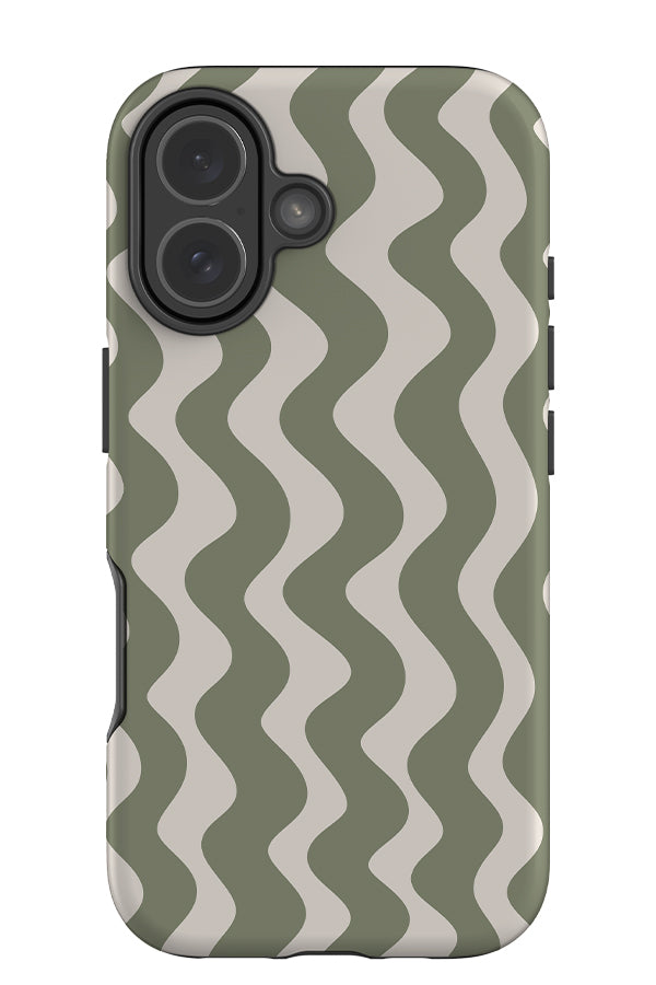 Vertical wave stripe tough phone case with wavy linear pattern in beige and green