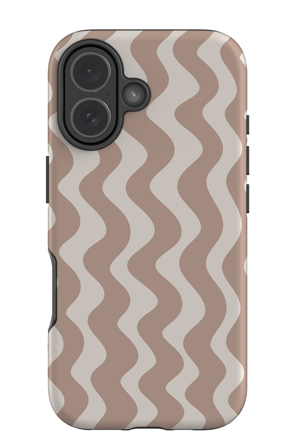 Vertical wave stripe tough phone case with wavy linear pattern in light brown and beige