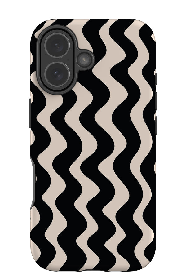 Vertical wave stripe tough phone case with wavy linear pattern in beige and black