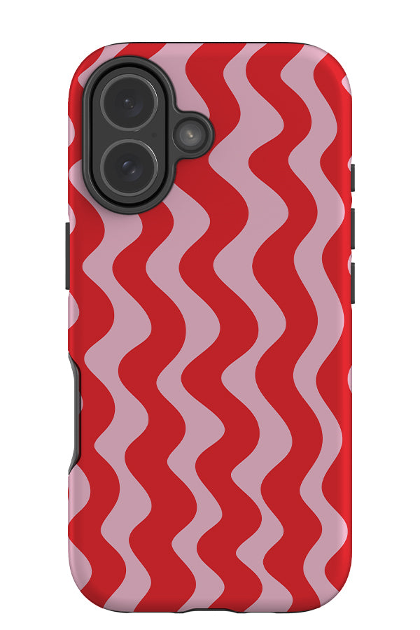 Vertical wave stripe tough phone case with wavy linear pattern in pink and red