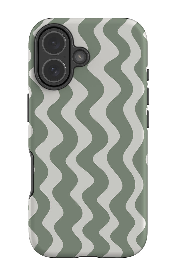 Vertical wave stripe tough phone case with wavy linear pattern in green and white