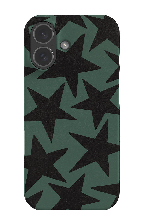 vintage large star snap phone case with black textured large stars on a green background