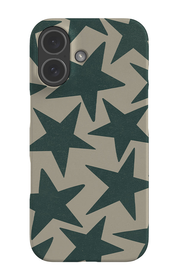vintage large star snap phone case with green textured large stars on a beige background