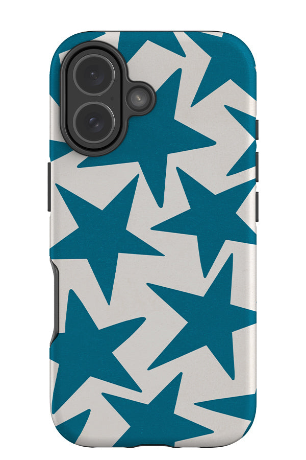vintage large star tough phone case with blue textured large stars on a beige background