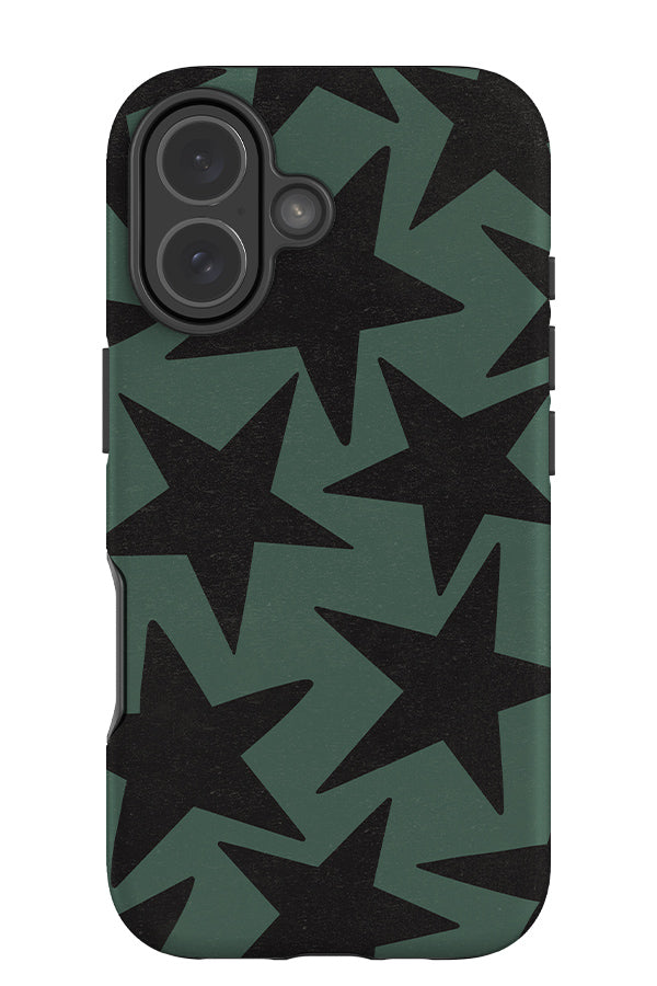 vintage large star tough phone case with black textured large stars on a green background