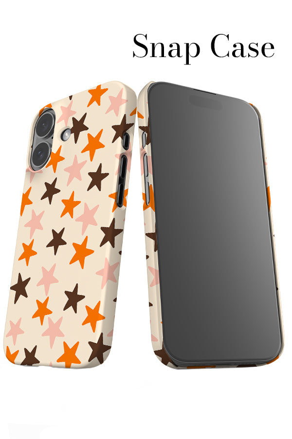 vintage star snap phone case angle detail with multicolour star pattern in orange, brown and beige