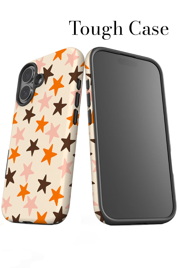 vintage star tough phone case with multicolour star pattern in orange, brown and beige