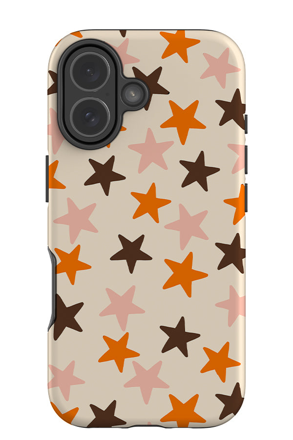 vintage star tough phone case with multicolour star pattern in orange, brown and beige