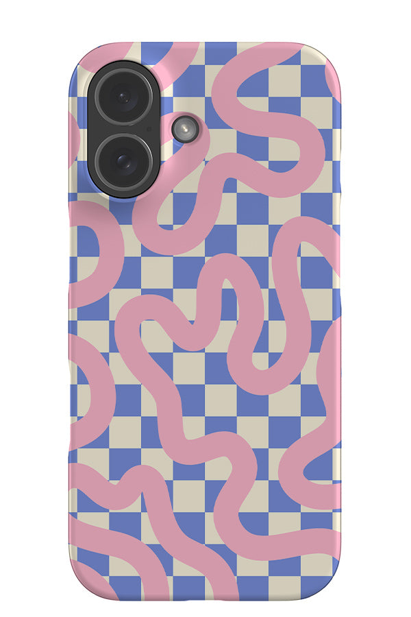 Wander check snap phone case with a Y2K swirl design on top in blue and pink