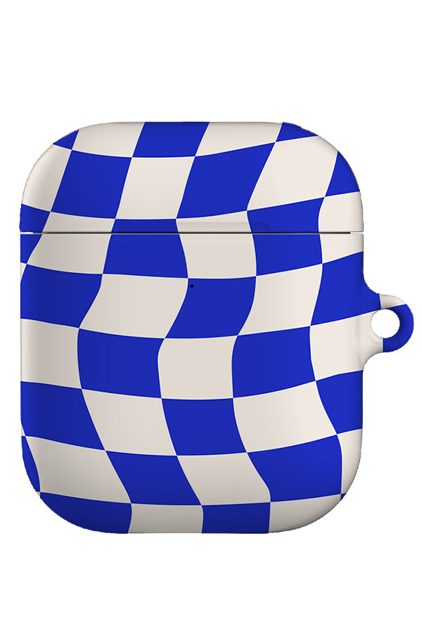 wave check airpod gen 1 & 2 case with a bright blue and white wavy check pattern