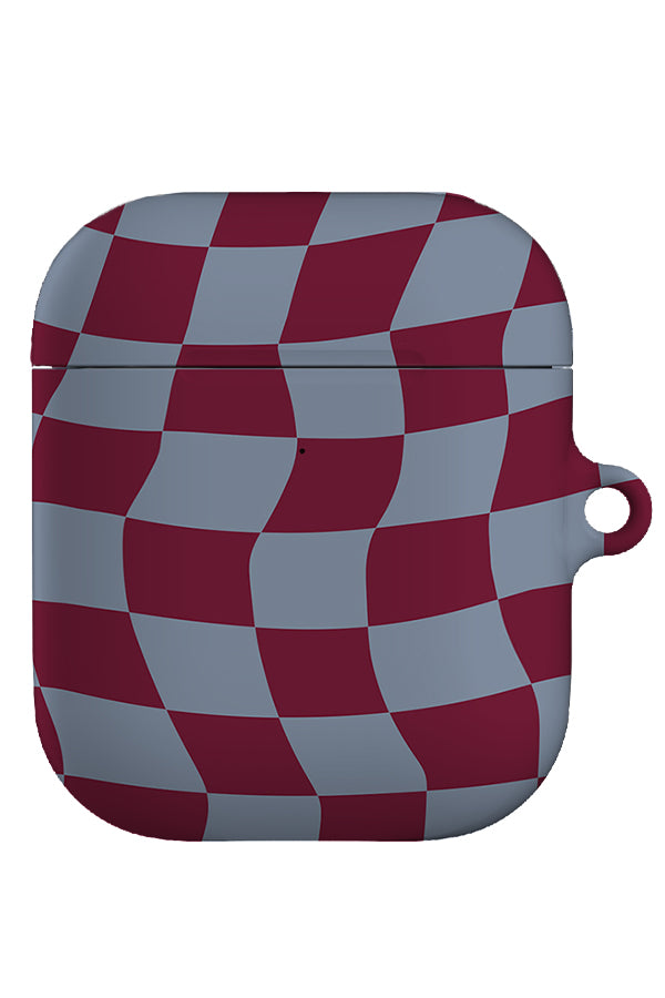 wave check airpod gen 1 + 2 case with a blue and burgundy wavy check pattern