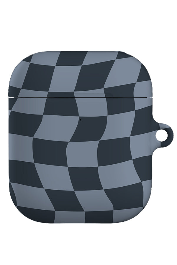 wave check airpod gen 1 + 2 case with a blue and dark blue wavy check pattern