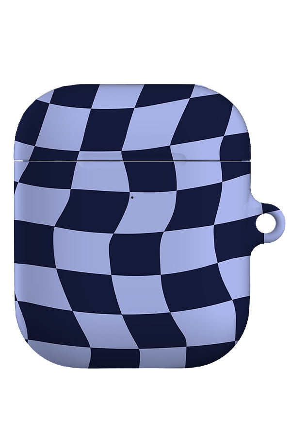 wave check airpod gen 1 + 2 case with a dark blue and light blue wavy check pattern