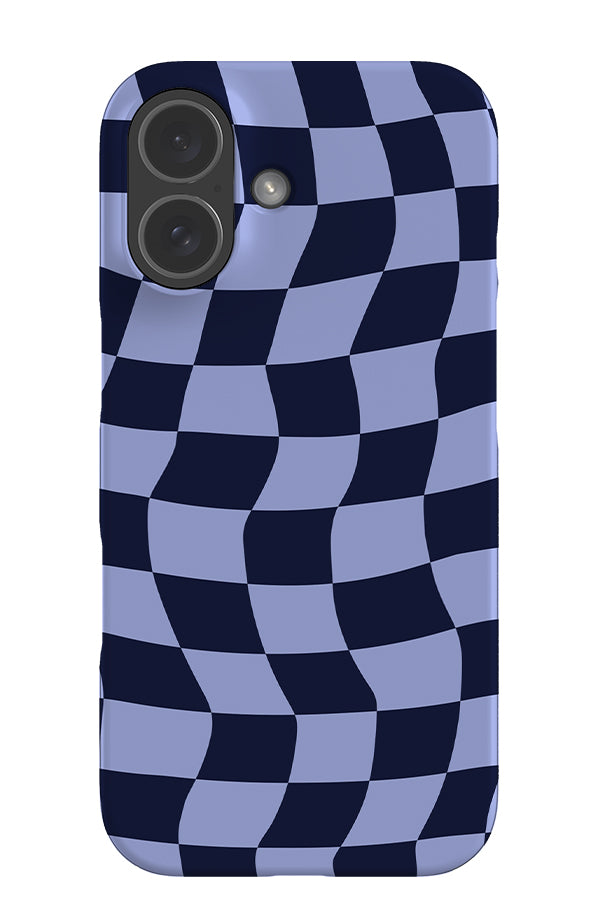 wave check snap phone case with a wavy dark blue and light blue check pattern