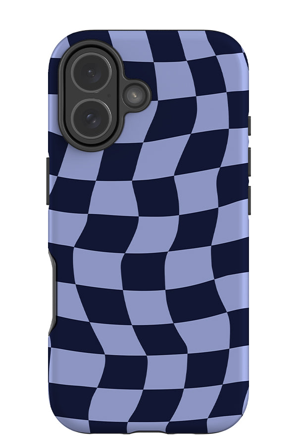 wave check tough phone case with a wavy dark blue and light blue check pattern