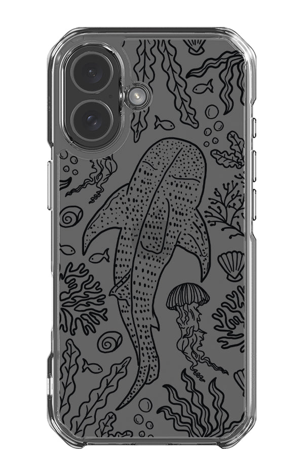 Whale shark coral reef clear impact phone case with a line art whale shark and coral reef illustrations in black