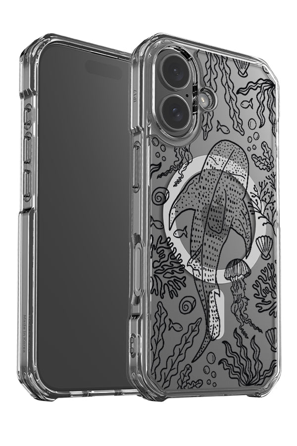 Whale shark coral reef clear impact MagSafe phone case angle detail with a line art whale shark and coral reef illustrations in black