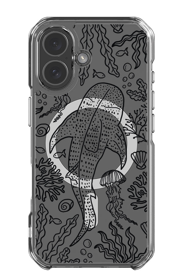 Whale shark coral reef clear impact MagSafe phone case with a line art whale shark and coral reef illustrations in black