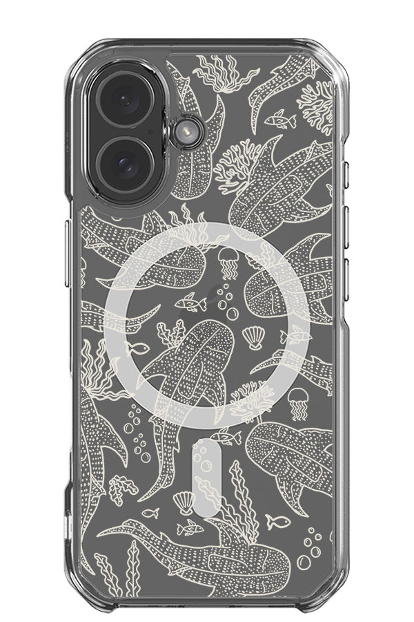 Whale shark coral reef scatter clear impact MagSafe phone case with whale shark illustrations with fish and coral plants in beige